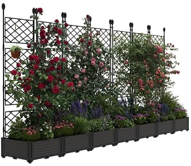 Juego de 7 jardineras elevadas con enrejado, caja de plástico de 295 cm de ancho x 160 cm de alto para plantas trepadoras, jardín vertical para exteriores con pantalla de privacidad para patio, balcón