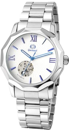 JewelryWe Herrklocka självlysande automatisk klocka: Silver automatisk mekaniskt armbandsur män rostfritt stål armband skelett automatisk klocka med lysande visare och fasetterad infattning
