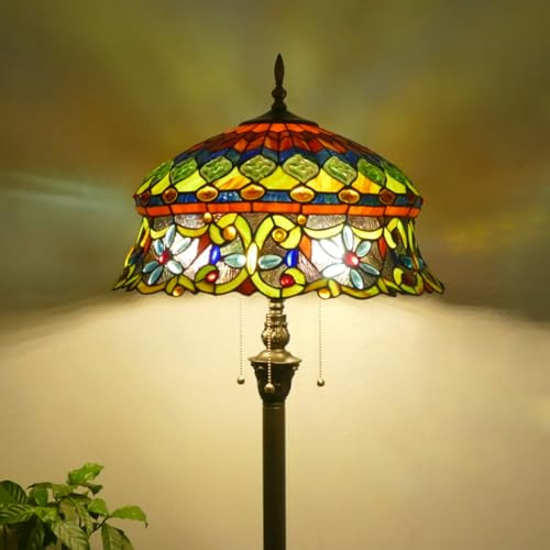 LIFENICEST Gold Tiffany Floor Lamp Glass Bead Vintage Standing Lamp with Pull Chain Traditional Stained Glass Floor Reading Light for Living Room Bedroom Farmhouse - Handmade Art Glass Shade