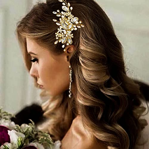 DIELOVEHUA Accessori per Capelli da Sposa, Pettine per capelli da sposa con Perle di Cristallo, Accessori Eleganti per Ragazze e Donne Matrimonio, Festa, Ballo (Oro)