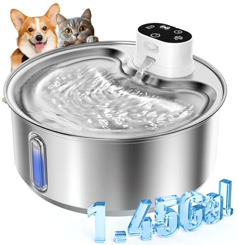 WILKIEE 5,5 L Trinkbrunnen für Hunde Katzen Edelstahl Kabellos (1 Filter) | 5000mAh Akku mit bewegungsmelder, leiser Wasserpumpe, Weiß