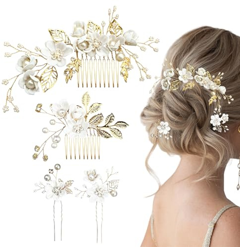 Lot de 4 Accessoires Cheveux de Mariage, Peigne à Cheveux Fleur et Épingles en U, Bijoux de Cheveux pour Mariée et Demoiselles d'Honneur, Blanc