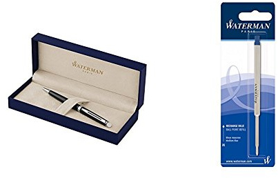 Waterman S0920570 Hémisphère Essential Kugelschreiber (in schwarzer Lackierung mit Chromverzierung) + Waterman S0944490 Kugelschreibermine (M) Tinte in blau