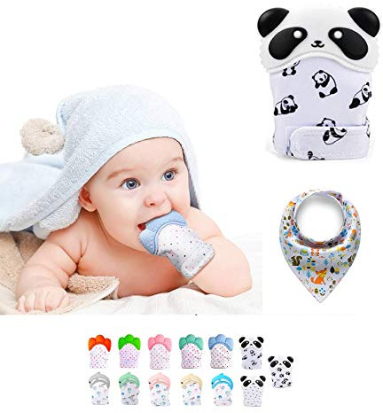 Funky Planet Beißhandschuh für Babys ab 0 Jahren - Beißhandschuh Baby Teething Toy - Raschelnder Zahnhandschuh für Zahnungshilfe aus Lebensmittelechtem Silikon + Bandana-Lätzchen mit Clip