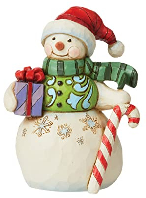 Enesco Jim Shore Heartwood Creek Snowman with Gift and Candy Cane Miniature Figurine, 3.5 Inch, Multicolor
