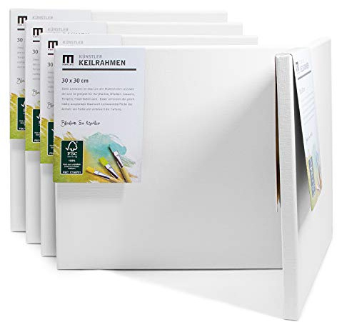 5er-Set 30x30cm Künstler-Leinwand Canvas zum Bemalen. Die leere, weiße Leinwand aus 100% Baumwolle ist umlaufend aufgespannt auf FSC® Holz-Keilrahmen mit 17mm Stärke, 280g/m², 2-fach weiß grundiert