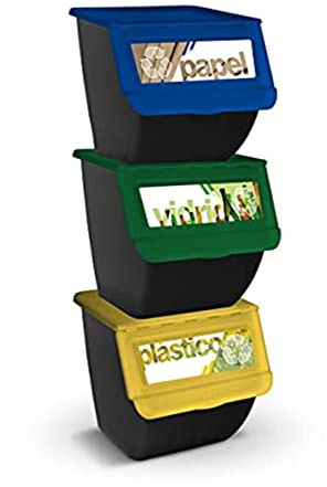 TIENDA EURASIA | Cubos de Basura de Reciclaje con Tapa | Pack 3 Contenedores Apilables de Cocina con Ruedas | Capacidad 36 L | 39 x 39 x 36 cm | Ideal para Organizar Residuos (Negro)