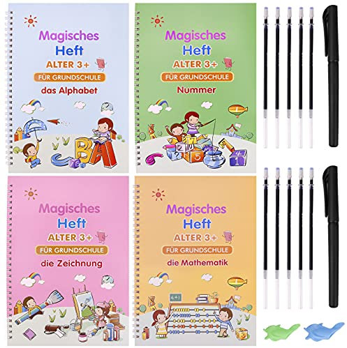Winthai 4 Stück Deutsch Magisches Heft, Magisches übungsheft mit 12 Stift, Groove Calligraphy Wiederverwendbares Handschrift Nachziehen für Kinder Kalligraphie Zahlen Zeichnung Buchstaben