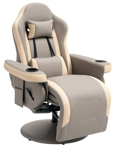 HOMCOM Reclining Gaming Chair, 360° Swivel Racing Video Gaming Manual Recliner with Footrest, Headrest and Cup Holder, PU Leather Armchair with Storage Pocket, Grey