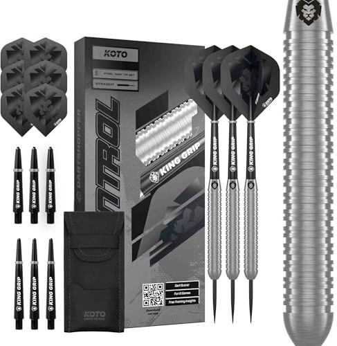 KOTO - Kingcontrol 90% Tungsten Darts, 22G-32G, Silber, Dartpfeile Inkl. 3 Barrels, 6 Flights & 6 Shafts | 32 G Steeldart Pfeile, Inkl. 3 Barrels, 6 Dart Flight & 6 Shaft, Dart Wallet, 52mm, 7.5mm