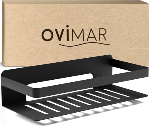 ovimar Duschkorb Hinnoya | rechteckig | schwarz matt | Edelstahl | ohne Bohren | zum Kleben | Duschablage | platzsparende Befestigung | für Badewanne oder Dusche | Aufbewahrung von Duschgel