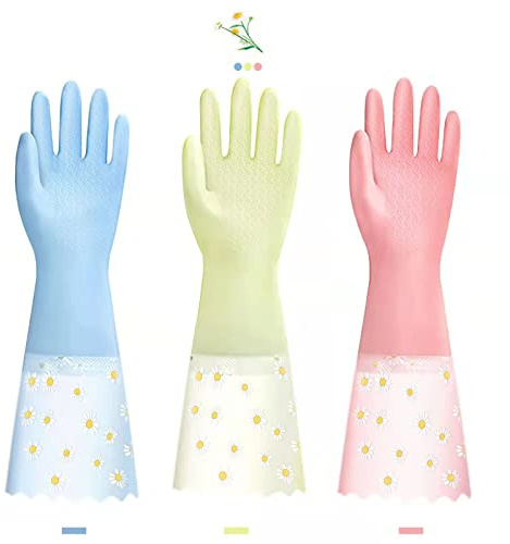 KAQ Dishwashing Cleaning Gloves 3 Pairs - Reusable Rubber Gloves Non-Slip Laundry Kitchen Gardening Waterproof Household Gloves (Small)