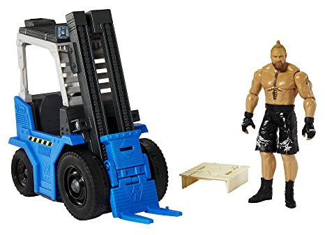 Mattel WWE Coffret Figurine articulée Brock Lesnar (15 cm) et Wrekkin Porté Chariot élévateur Véhicule avec fonction élévation et éléments amovibles, Jouet Enfant, Dès 6 ans, HLM00