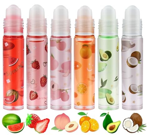 KUIRUNRX® Brillo De Labiales Enrollable, Brillo de Labios con Sabor a Frutas, Labios De Aceite De Labios, Lápiz labial Líquido Brillante Transparente Hidratante para Labios de Larga Duración (6 pcs)