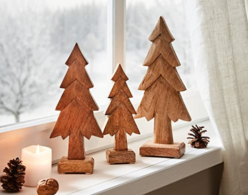 3er Set Tannen aus Mango-Holz, 20 25 30 cm hoch, Weihnachtsdeko Tannenbaum | Dekofigur, Holzdeko, Adventsdeko