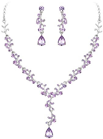 Clearine Matrimonio Sposa Foglia Goccia Cristalli Collana Orecchini Set Gioielli Filigrana Viola Argento-Fondo