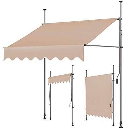 TRAGLO Klemmmarkise Balkonmarkise mit Handkurbel 2/2.5/3x1.2m Sonnenschutz ohne Bohren Sonnenmarkise höhenverstellbar Markise mit Gestell einfache Montage 3m Grayframe-beige