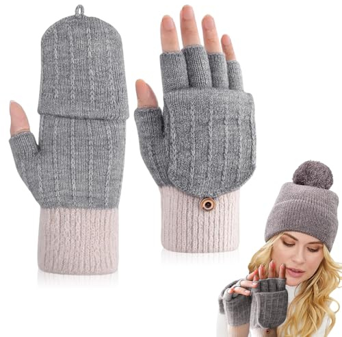 mizikuu Guanti Senza Dita Invernali, Guanti Termici Uomo Donna Mezze dita Maglia Calda con Copertura a Patta Convertibili lavorati a Maglia Senza Dita per Ciclismo Sci Attività all'Aperto Lavoro