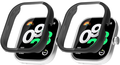SeNool [2 Piezas Funda para Xiaomi Redmi Watch 4, Carcasa Protectora con Cristal Templado Protector de Pantalla, [Dureza 9H] Protección Carcasa para Xiaomi Redmi Watch 4 - [Negro + Negro]