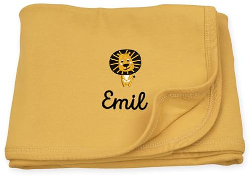 upstitch studio Babydecke mit Name, Datum und Motiv Bestickt (70x100cm), 100% Baumwolle, personalisierte Kuscheldecke für Mädchen und Jungen (Ocker)