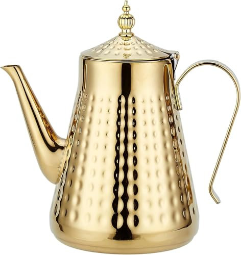 SANQIAHOME Stainless Steel Teapot 1.8L(60oz) 6-8 Cups,with Removeable Infuser,Good Pour,Hammer Patterned, Brew Loose Leaf Tea Bag,Gold