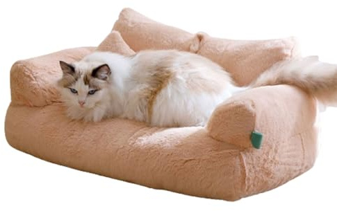Katzenbett Weiches Gemütliches Sofa für Hunde und Katzen, Hundebett Hundecouch Velours Abnehmbar Waschbar Hundesofa Katzenkissen mit Rutschfester Unterseite ( Farbe : Beige , Größe : 90*56*30cm )