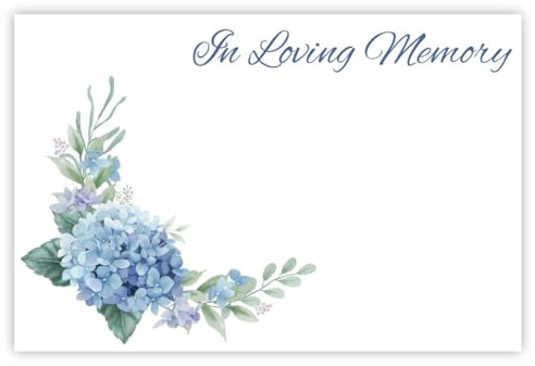 celloexpress In Loving Memory (Blue Hydrangea) Flower Message Cards - 60mm x 90mm - Bereavement Florist Card Sympathy Condolences Notes (Pack of 50)