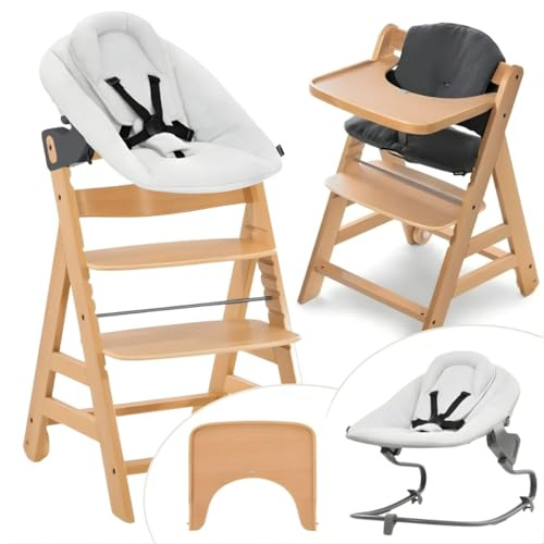 hauck Chaise Haute Bébé Bois Alpha Move Newborn Set, Inclus Nouveau Transat Premium avec Harnais 5 Points, dès Naissance, Roues, Coussin, Tablette - Naturel Gris Clair