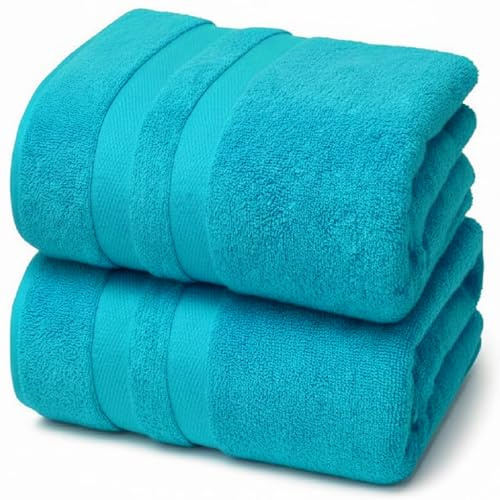 Förpackning med 2 stora jumbo badlakan 100 % egyptisk bomull -550 GSM superabsorberande snabbtorkande lyxiga mjuka stora badrumshanddukar set (blågrön/turkos)