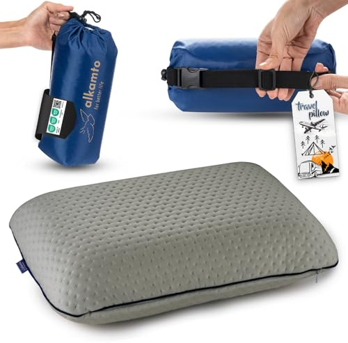 alkamto Travel & Camping Comfortable Memory Foam Pillow – Easy to Carry Portable Bag – Temperature Regulating Pillow Case (Grey)