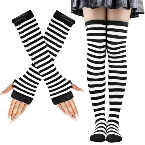 LUKIUP Calzini da Donna, Guanti Senza dita a Righe Set di Calzini alti fino al Ginocchio, Guanti senza Dita, Perfetto Per Donne, Halloween, Feste Di Natale, Cosplay Di Carnevale E Feste In Costume