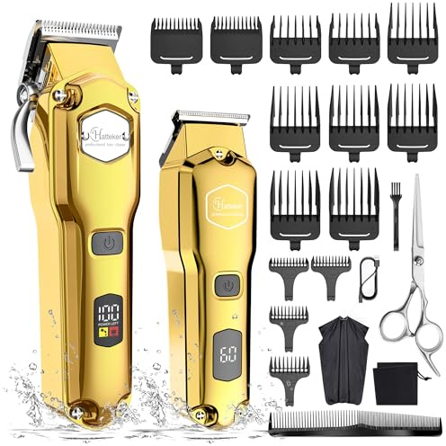 Hatteker Hårklippare och trimmer set för män, IPX7, vattentät, sladdlös, frisörklippare för hårklippningskit med T-bladtrimmer, skäggtrimmer, barnklippare, professionell USB-laddningsbar (guld)