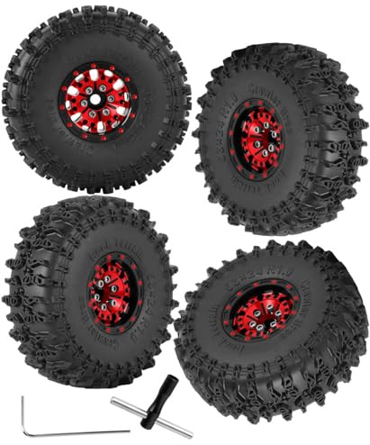RCMYou RC Aluminum 1.0 Inch Wheel Rim Tires for 1/18 1/24 Trx4m SCX24 RC Crawler Car,4pcs 1.0 Wheel Rim Soft Rubber Tires,Red
