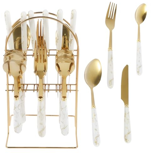 Deuson 24 Pcs Silverware Set with Hanging Holder Stainless Steel Flatware Set Service for 6 Utensils Set Mirror Polished Tableware Set Forks Knives Spoon Set for Home Kitchen(White)