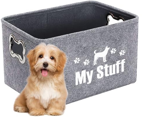 ToKinCen Dog Toy Storage Foldable Dog Toy Box Basket – Multi-Use Storage Bin for Dog Toys, Clothes, Blankets, Leashes & Food – Collapsible, Light Gray