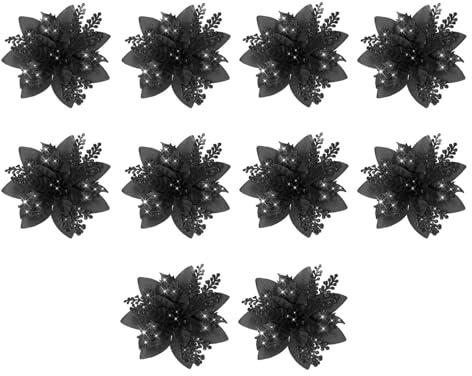 Kuntesetty 10x Weihnachtsstern Dekoration 14,5cm Glitzer Blumen Kunstblumen zum Verpacken von Geschenken, Schwarz
