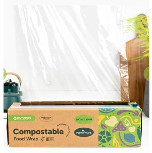 Pellicola trasparente biodegradabile con taglierina, 300 m x 30 cm, compostabile, senza BPA, adatta al congelatore, resistente agli strappi, ecologica, per uso domestico, cucina e uso commerciale