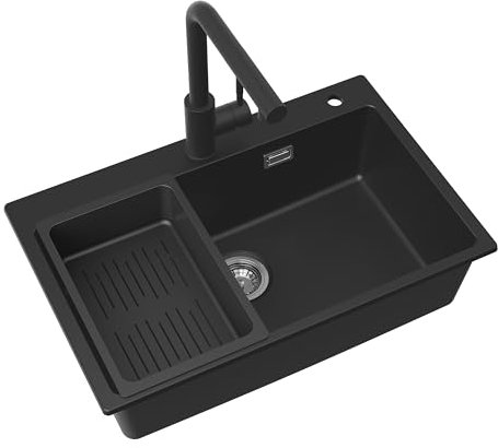 CECIPA Fregadero negro con grifo extensible 70 x 45 cm, de granito con desagüe y rebosadero, fregadero de cocina empotrable a partir de 80 cm de ancho de armario, fregadero de cocina con lavabo