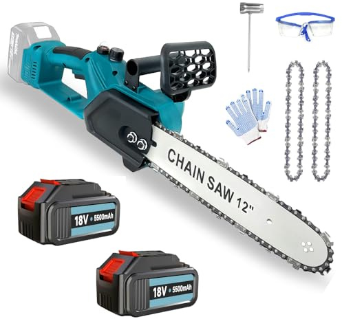 Bürstenlose Kettensäge 18v Kompatibel mit Makita DUC307ZX2, 12 Zoll Akku Kettensäge mit 2 5500mah Akkus, Automatischer Öler, Einhand Kettensäges für Gartenscheren Astschere Holzschneidenz