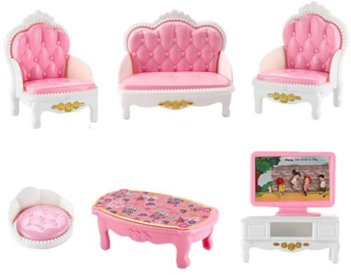 KARLOR Dockhus, möbelset, vardagsrum, 7 stycken miniatyrmöbelset, soffa, fåtölj, bord, TV-kudde, soffbord, dockhus, tillbehör, dekoration 1:12 dockhus, dockhus, dekoration, dockmöbler, rosa