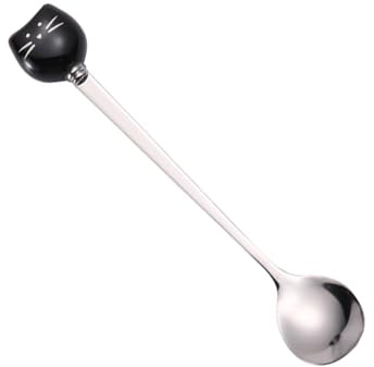 Stainless Steel Spoon, 16cm Long Handle Coffee Stirring Spoon with Ceramic Cat Head for Honey Dessert Cake Ice Cream