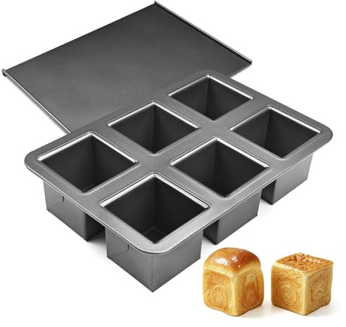 6-Cavity Mini Pullman Loaf Pan with Lid, Mini Loaf Pan 2.4 x 2.4 x 2.4 inch Square Bread Baking Mold, Nonstick Heavy Duty Carbon Steel Toast Box with Cover for Homemade Sandwich, Milk Bread, Meatloaf
