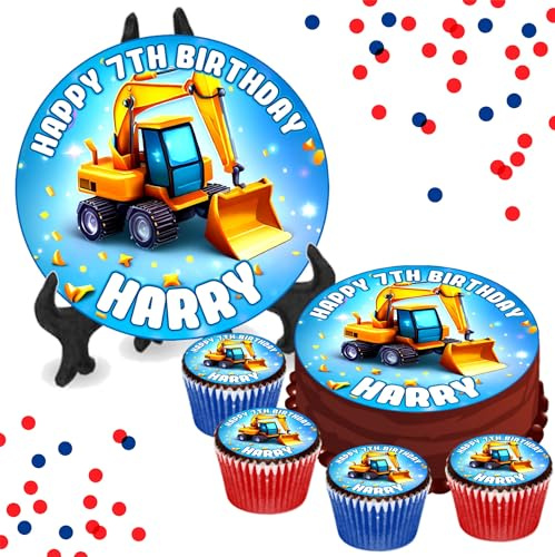 Digger Kids Party Blue PERSONALISED Edible Cupcake Toppers / 8 Inch Cake Wafer or Icing - Adults & Kids Birthday Party Decorations - Perfect for Brownies, Cookies, Muffins & More!