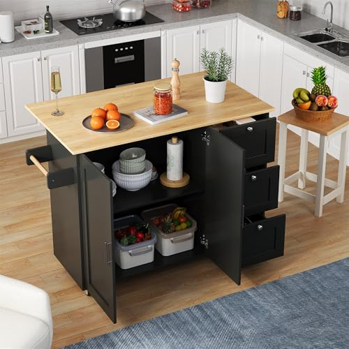 LARFOEK Carrello da cucina su ruote, isola cucina con piano di lavoro, armadio da cucina con 2 ante e 3 cassetti, carrello da portata mobile per cucina e sala da pranzo, 120 x 44 (70) x 90 cm (nero)