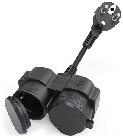 Doppelstecker für Steckdose, Verlängerungskabel mit 2 Schuko Steckdosen, 16A/250V/Max, IP44 Wasserdicht Doppelstecker Mehrfachsteckdosenadapter für Zuhause Büro und Außenbereich (Schwarz)