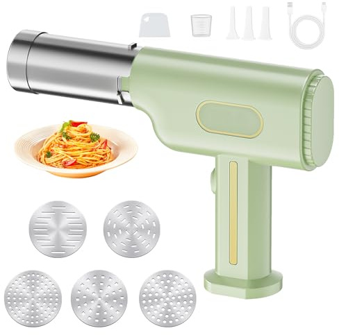 Macchina per Pasta Elettrica Portatile 2600mAh con 5 stampi per pasta, 3 stampi per clisteri, spatola e misurino, Ricaricabile Macchina per la Pasta Fresca per Fare Spaghetti