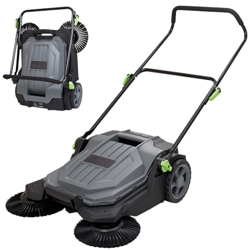 Walk-behind Hand Push Floor Sweeper, 25.6 Sweeping Width Floor Sweeper Manual Non-Electric, 5-Gallon Waste Container, Angle & Height Adjustable Folding Handle for Walkway, Yard, Garage, Patio