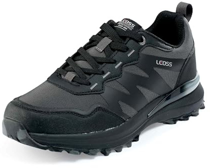 LEOSS ORIGINAL Zapatillas de senderismo para hombre, zapatillas de deporte con cordones, zapatos de calle, zapatos de ocio, zapatos de caminar, zapatos deportivos de piel, antideslizantes, Negro , 42