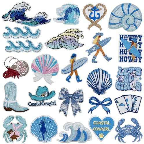 Allazone Flicken zum Aufbügeln, Patches Sticker, Patches zum Aufbügeln für Hut, Jeans, Jacken Rucksäcke, DIY Zubehör, 24 Stück Blaues Meer Thema
