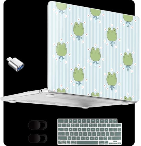 MEEgoodo Schutzhülle für MacBook Air 15 Zoll (M4/M3/M2) 2025 2024 2023, passend für Modell (A3241/A3114/A2941) für 15,3 Zoll Laptop, transparente Hülle mit Tastatur und Webcam-Abdeckung, Frosch und
